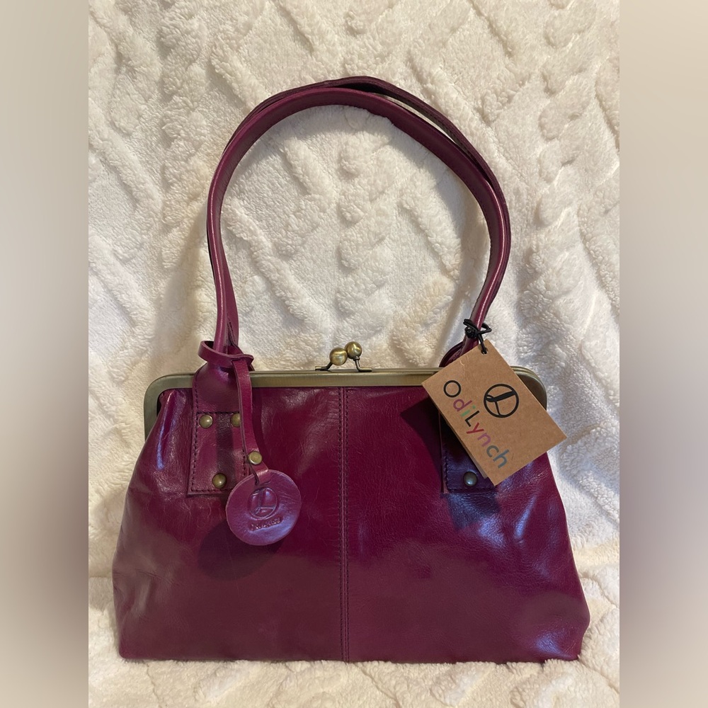 Odilynch Doris Clip Frame Kiss-Lock Purple Leather Shoulder Bag